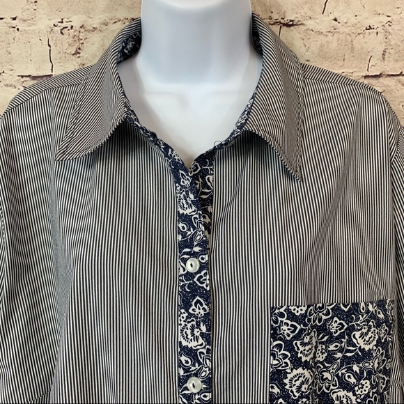 Susan Graver Navy Striped Button Front Contrast Floral Trim Long Sleeve Shirt - Picture 2 of 14